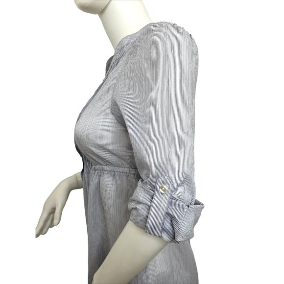 H&M Women’s Mini Dress 2 Blue Button Down 3/4 Sleeve Roll Tab Band Collar VNeck - Picture 3 of 13